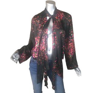 MM Couture Miss Me Medium Open Front Blouse Neck Tie Cardigan Silky Top